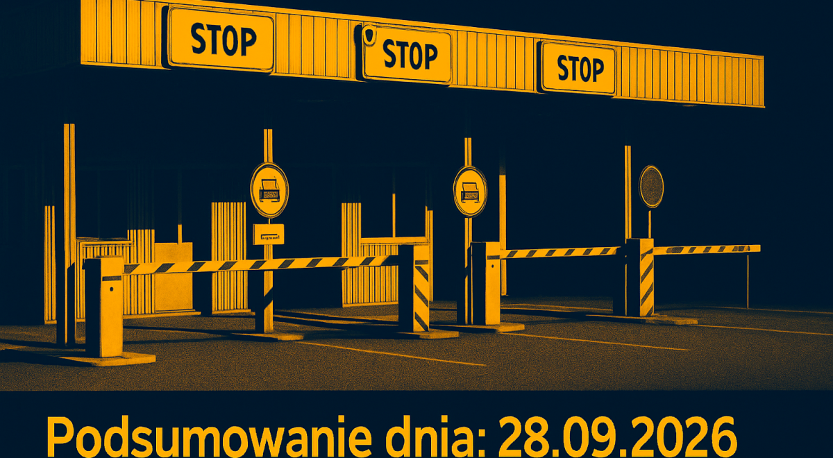 Puste przejście graniczne z zamkniętymi szlabanami i pasami odpraw.