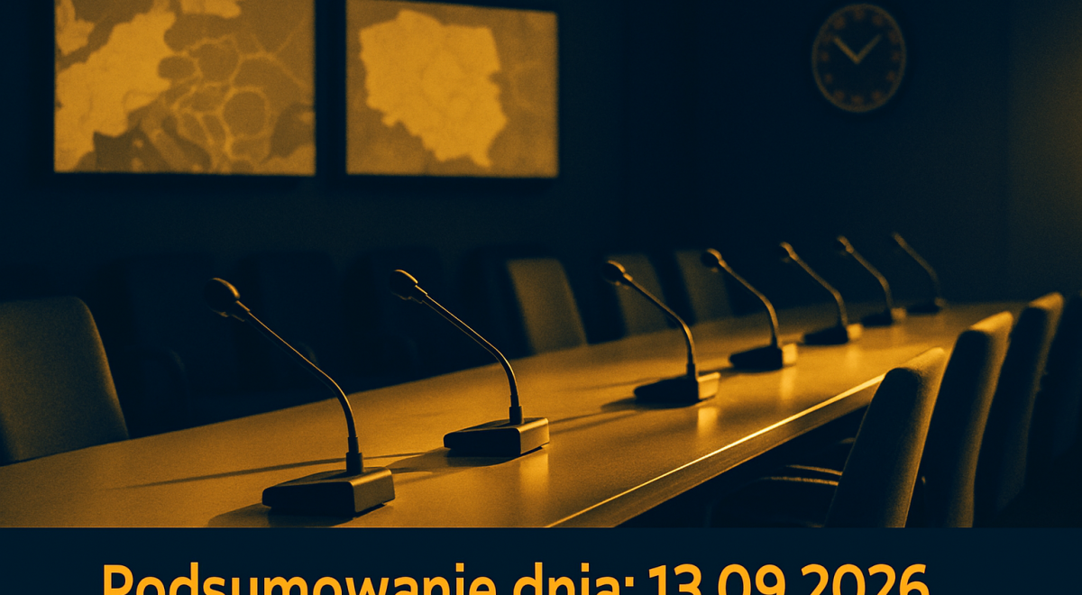 Pusta sala centrum zarządzania kryzysowego z mikrofonami i ekranami map.