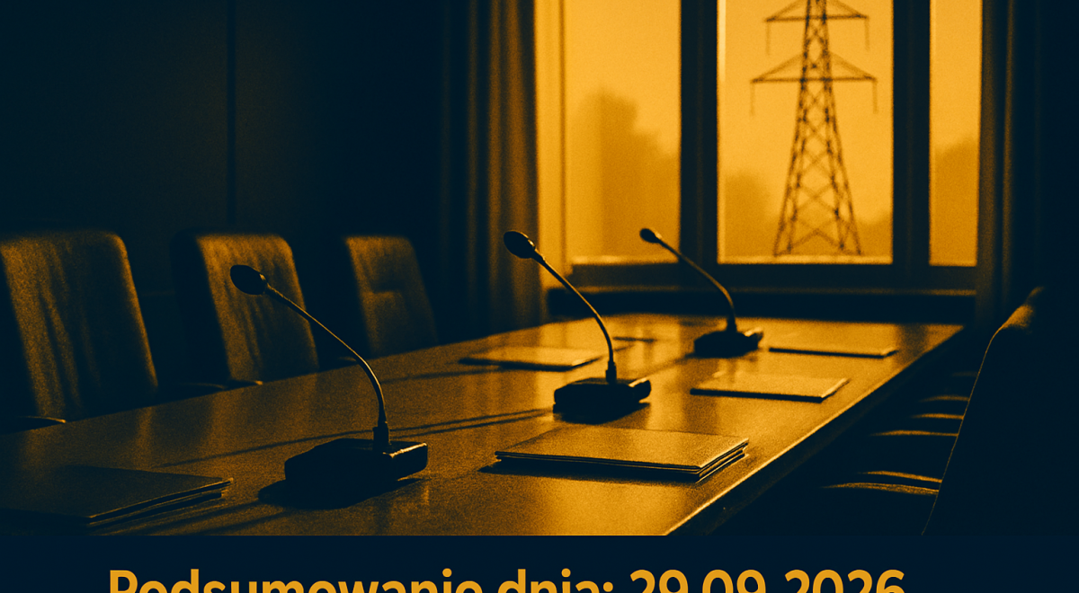 Sala konferencyjna z dokumentami i mikrofonami, w tle maszt linii energetycznej.