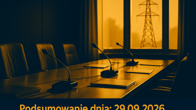 Sala konferencyjna z dokumentami i mikrofonami, w tle maszt linii energetycznej.
