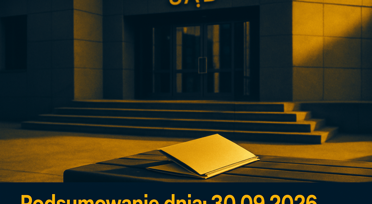 Budynek sądu z pustą teczką dokumentów na ławce przed wejściem.