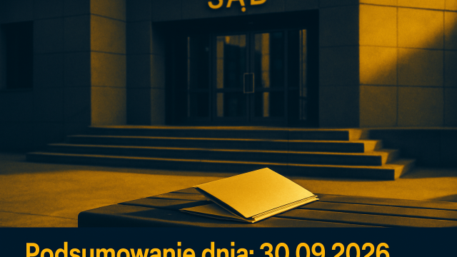 Budynek sądu z pustą teczką dokumentów na ławce przed wejściem.