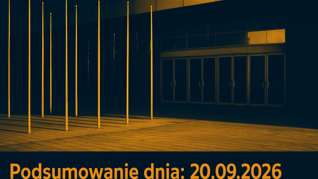 Budynek konferencyjny z przeszklonym wejściem i pustymi masztami przed wejściem.