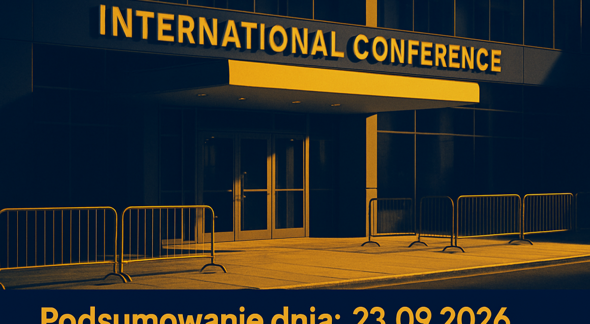 Budynek centrum konferencyjnego z pustym placem i barierami przed wejściem.