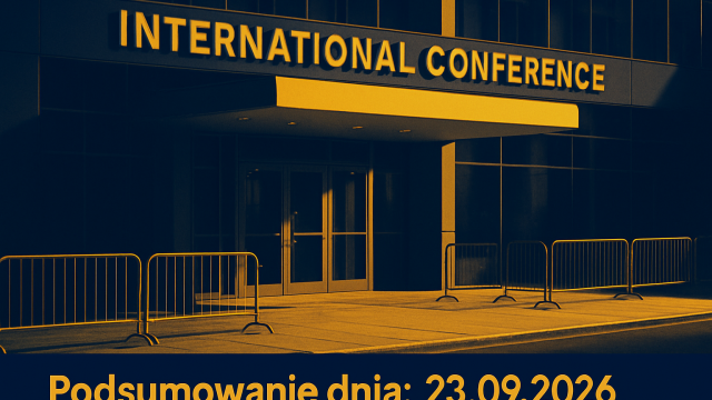 Budynek centrum konferencyjnego z pustym placem i barierami przed wejściem.