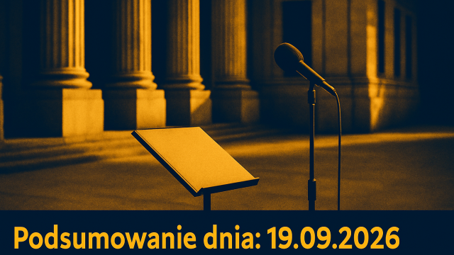 Budynek rządowy z kolumnami oraz zamknięty folder i mikrofon na pierwszym planie.