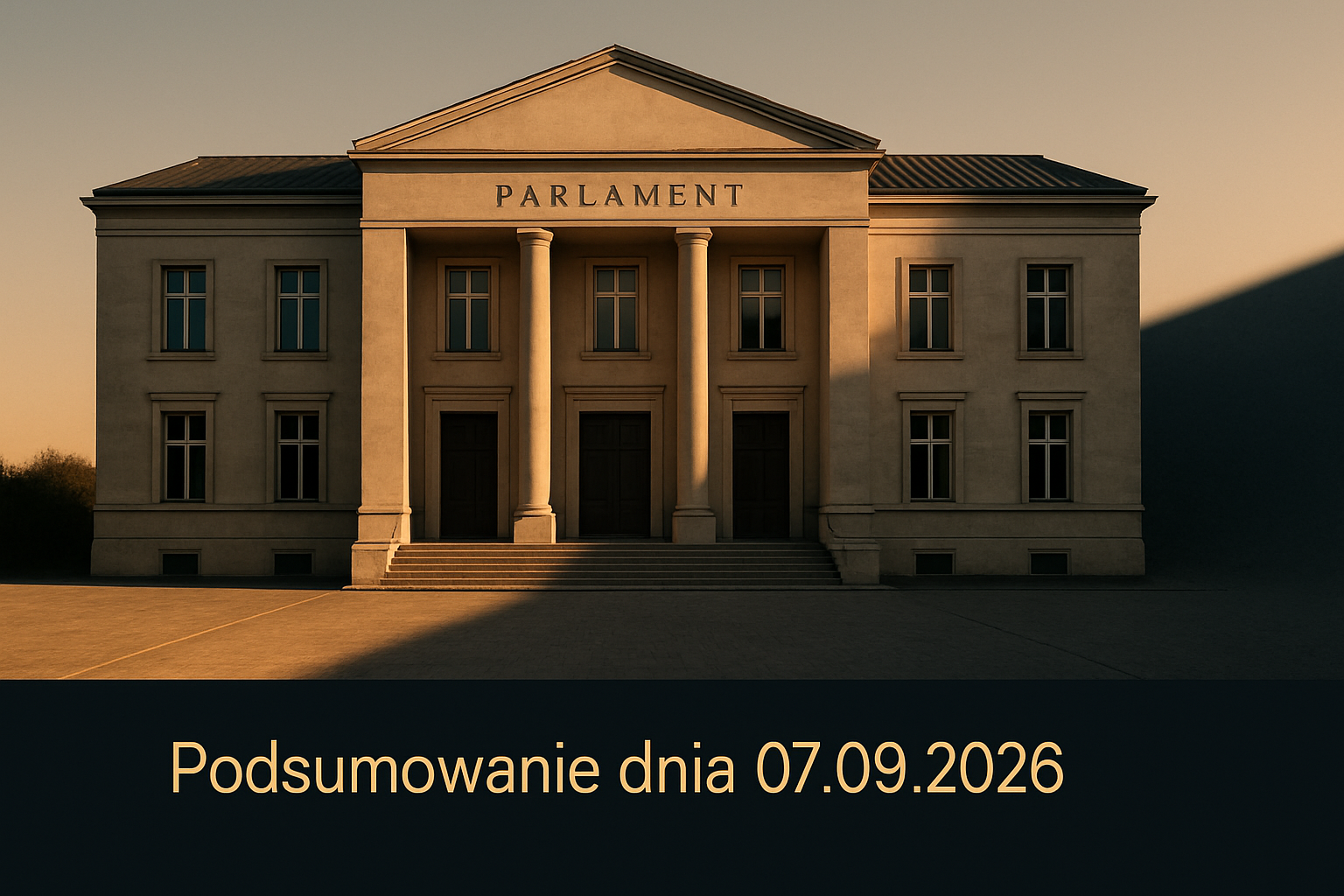 Uproszczona fasada budynku parlamentu regionalnego z szerokim wejściem.