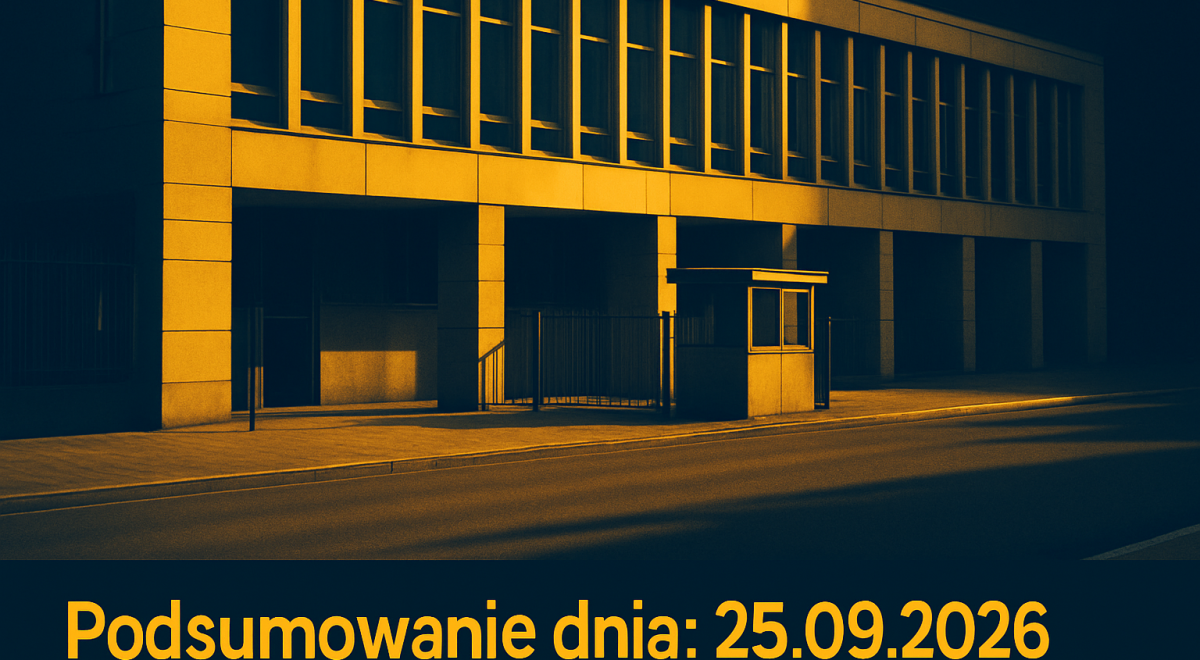 Gmach administracyjny z pustym podjazdem i bramą wjazdową.