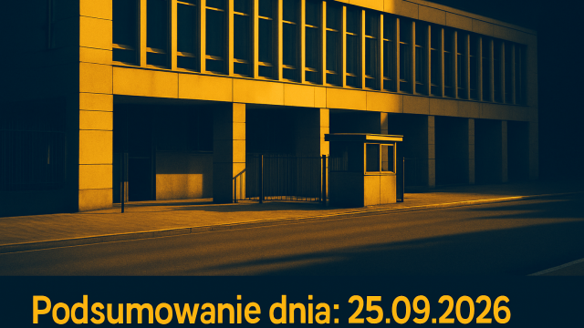 Gmach administracyjny z pustym podjazdem i bramą wjazdową.