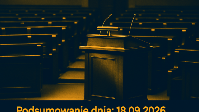 Pusta sala obrad parlamentu z mównicą, mikrofonami i rzędami miejsc dla posłów.