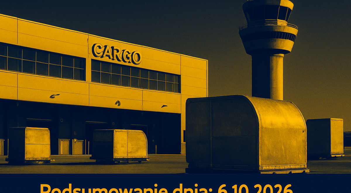 Terminal lotniczy i wieża kontroli ruchu obok strefy logistycznej.