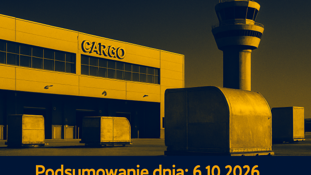 Terminal lotniczy i wieża kontroli ruchu obok strefy logistycznej.