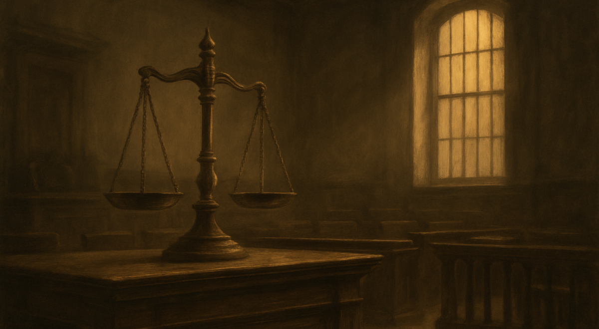 Waga sprawiedliwości w pustej, mrocznej sali sądowej jako symbol debaty o karze śmierci