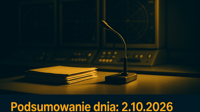 Sala operacyjna z ekranami radarowymi, dokumentami i mikrofonem na stole.