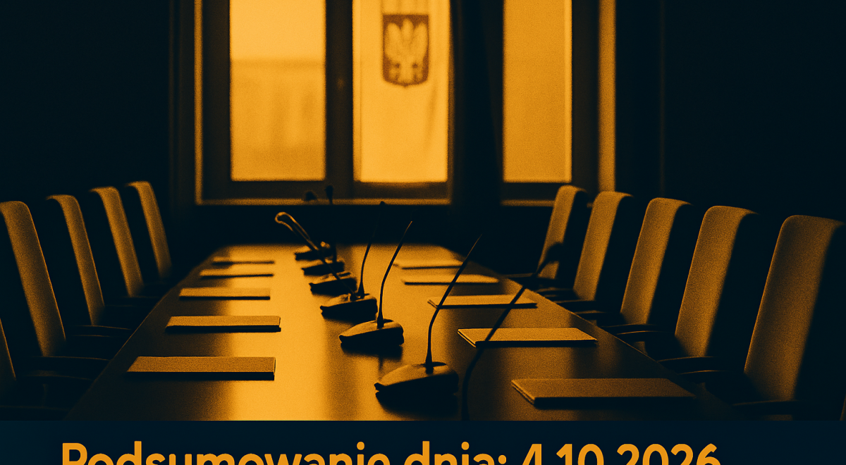 Pusta sala konferencyjna z mikrofonami i dokumentami na długim stole.