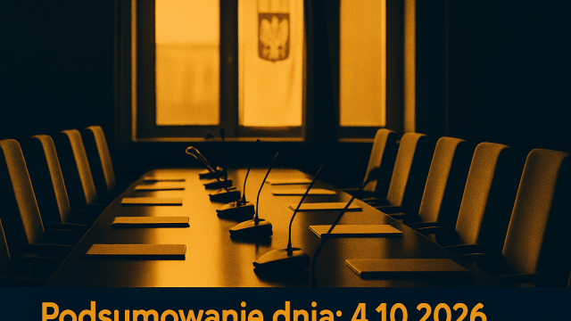 Pusta sala konferencyjna z mikrofonami i dokumentami na długim stole.